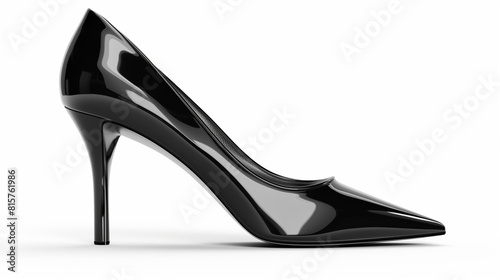 A black patent leather stiletto heel pump with a pointed toe.