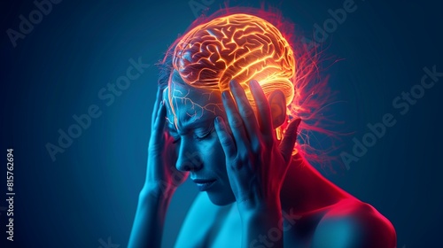 Tension headache pain, woman of holding head in pain, glowing orange brain indicating source of pain