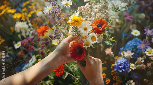 Holding a handful of colorful wildflowers. The petals are delicate and the colors are vibrant. The background is a blur of green leaves and flowers.