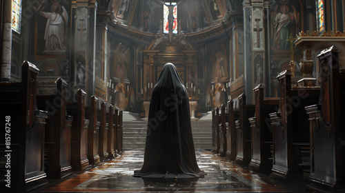Silhouette of a nun in a long black habit standing in a beautifully lit cathedral, symbolizing devotion and spirituality.