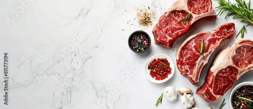 Three raw beef steaks with spices and herbs on white marble background.
