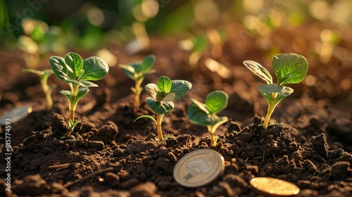 The photo shows a handful of change scattered in the dirt with green plants sprouting out of the soil.