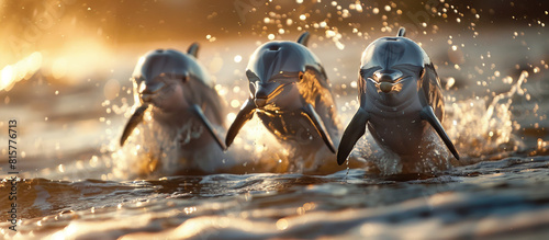  three dolphins swimming at sunset