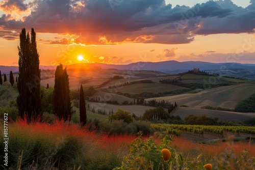 Golden Tuscan sunset. Italian farm garden. Generate Ai