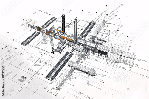 3D space station blueprint with detailed construction outlines