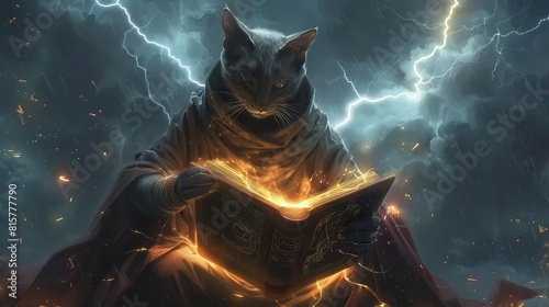A cat sorcerer, cloaked in mystical robes, channels a powerful spell from a glowing grimoire, lightning illuminating the dark sky behind