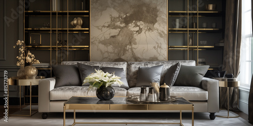 A chic living room with wallpaper in a subtle marble effect, paired with a velvet sofa and metallic accents for a glamorous yet understated look.