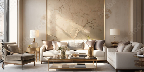 A chic living room with wallpaper in a subtle marble effect, paired with a velvet sofa and metallic accents for a glamorous yet understated look.