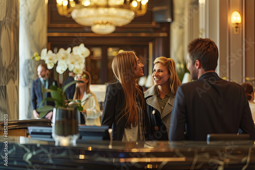 Smiling guests warmly welcomed at the reception of a luxury hotel, surrounded by an elegant and inviting environment