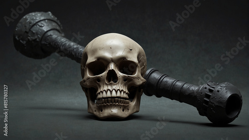 This is a mace with a skull-shaped head. The mace is made of metal and has a black handle. The skull has a crown on top of it.