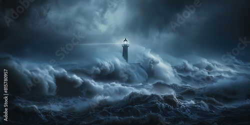A lighthouse standing tall amidst the tumultuous waves of an intense storm, its beam illuminating a path through the darkness