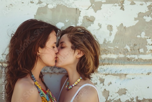 Happy lesbian couple kissing on white background. Young caucasian homosexual women feeling love. Lesbian lifestyle concept. Pride Month, Pride Day in June. Diversity, freedom and pride LGBT people