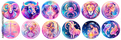 Holographic Zodiac Signs Sticker Set with Rainbow Core on Transparent Background - Modern Astrology Icons for Banner and Design