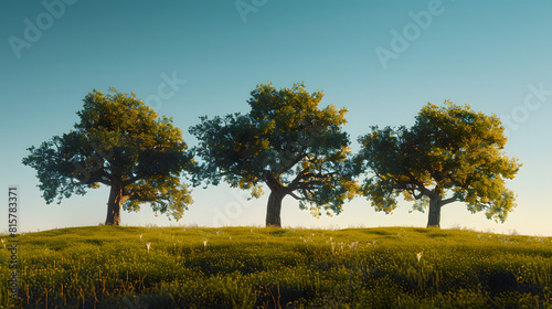 A serene landscape with three intertwined oak trees under a clear blue sky, symbolizing the Holy Trinity.
