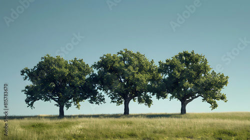 A serene landscape with three intertwined oak trees under a clear blue sky, symbolizing the Holy Trinity.