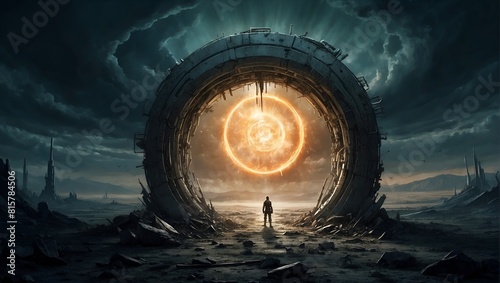 From the depths of the wasteland emerges a portal to a parallel universe, its ominous presence a reminder of the fragility of our own reality. Will you dare to enter?