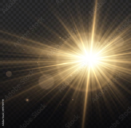 Star explosion, yellow glow lights sun rays. Flash yellow sun, star flashed with sparkles. Glow bright light star, yellow sun rays, bokeh. 