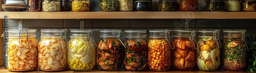 A cozy, natural light scene showcasing an array of kimchi on a kitchen counter, each type in a different container, panoramic copy space at the top.