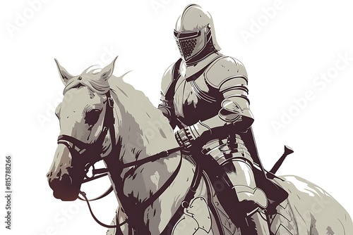 A medieval knight in full armor sitting on horseback against a white background