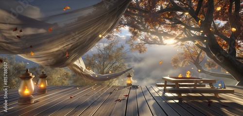 The deck on a windy day, the tree branches swaying, the fire table securely covered, and the solar lanterns moving in the wind, creating a dynamic dance of light and shadow across the wood. 