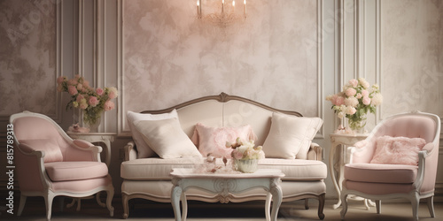 A cozy sitting area with wallpaper featuring a timeless damask print in soft pink and cream tones, paired with vintage-inspired furniture for a classic charm. 