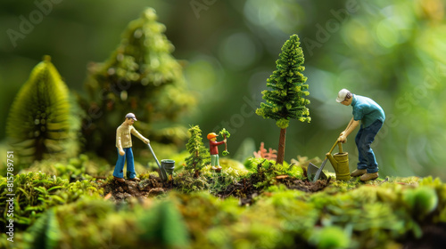 A miniature group of people planting and nurturing saplings on a vibrant mossy landscape, demonstrating reforestation in detail