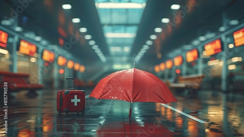 Risk Mitigation: Create an image where a red umbrella is depicted as a shield against risks such as a broken suitcase, a delayed flight on a departure board, a medical cross. Generative AI