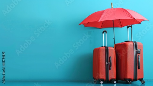Travel insurance business concept. Red umbrella cover airplane and suitcases on blue background. Travel insurance covers loss suitcase, flight delays, cancellations, accident, etc . Generative AI