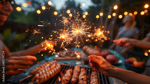 Extreme closeup of hands holding sparklers at a 4th of July BBQ, with festive lights and grilled food in the background