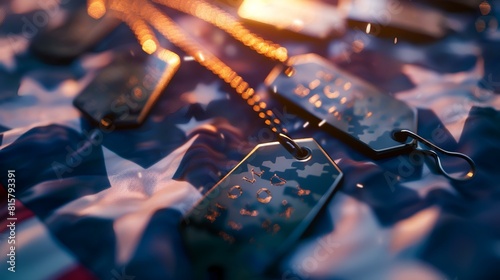 Close up of military badges on American flag background. Selective focus.