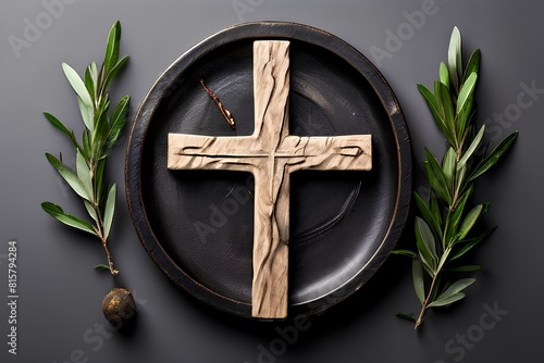 Ash Wednesday,faith, liturgy, religious ceremony background. Wooden cross, ceremonial dish with ash and olive leaf branch on gray background. Top view.