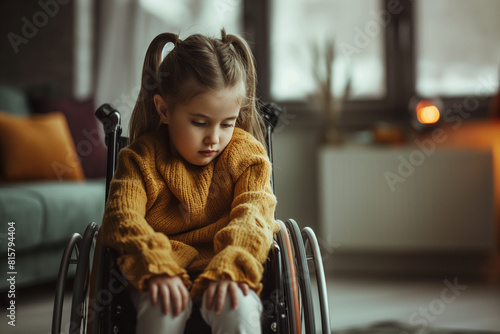 A little girl in a wheelchair is sitting in a living room
