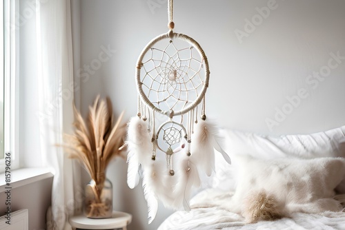White handmade dreamcatcher in bedroom. Interior decoration. Beautiful dream catcher inside white room at home.