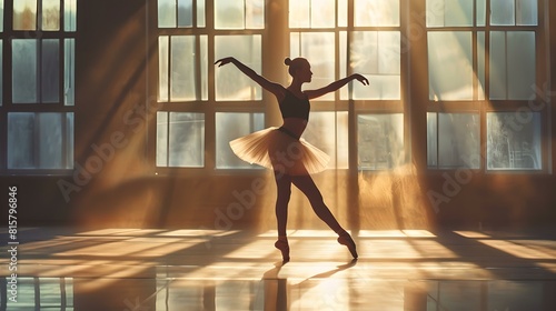 Graceful ballerina dancing in sunlit room, capturing art of ballet in golden light