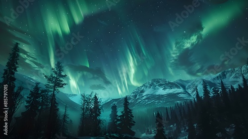 Majestic northern lights dancing over snow-capped mountains and pine trees