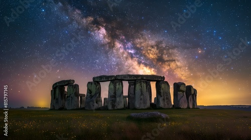 Mystical stonehenge under starry night sky, ancient wonders and galactic dreams