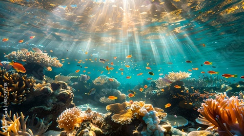 Sunbeams illuminate vibrant coral reef teeming with marine life in crystal clear waters