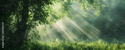 Serene sunlight beams filtering through a mystical green forest canopy