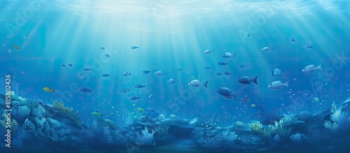 Underwater or sea ecosystem with a school of fish creating a vivid abstract image against a blue copy space background