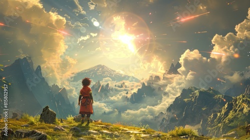 A diminutive Sun Wukong stands in a valley looking up at the immense sky above Several beams.