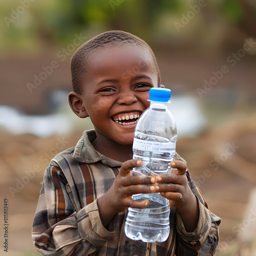 niño amistoso africano sujetando una botella de agua riéndose.