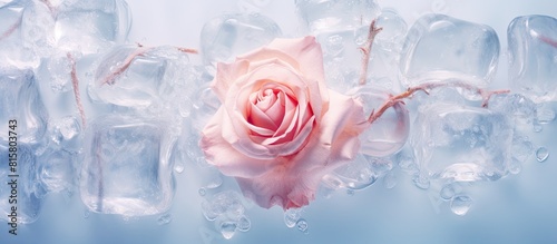 Flat lay concept for a spring card featuring a background of a rose flower frozen within an ice cube accompanied by mesmerizing air bubbles perfect for a copy space image
