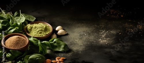 Ingredients for uncooked tagliatelle pasta include ground spinach powder and whole wheat flour as depicted in this copy space image