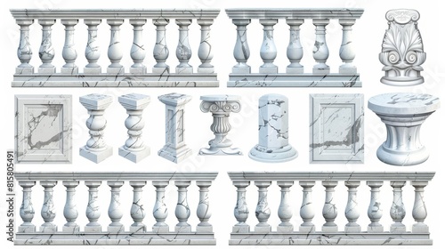 In classic roman style, polished white marble balustrade for balconies, porches, and staircases. Modern realistic set of baroque stone railings and banisters, antique fences with columns.