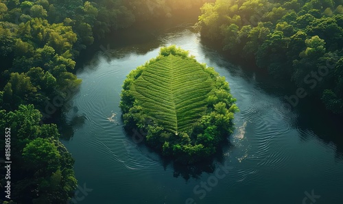 Surreal image of a river flowing in the shape of a leaf through a vibrant forest, ecological concept, afternoon light