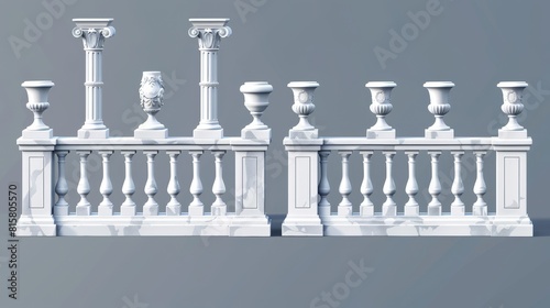 The baroque stone railing set includes a banister with pillars and an antique fence with columns with an antique marble balustrade for your balcony, porch or garden.