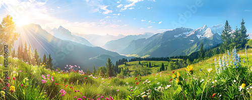 Majestic mountain panorama with vibrant wildflowers