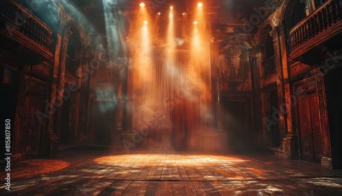 Theater stage with actors posing questions and a spotlight revealing the answer, dramatic setting, front angle