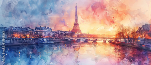 Beautiful panoramic artistic watercolor of vibrant tones, of the city of Paris, the Seine River and the Eiffel Tower in the background