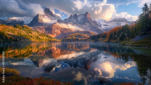 Majestic mountain reflections the scene is bathed in soft and golden light highlighting the rugged peaks and autumnal foliage on the slopes.